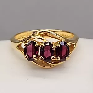 Amethyst Ring Triple Purple Stone 14K HGE Sz 8 Heavy Gold Electroplate - Picture 1 of 13