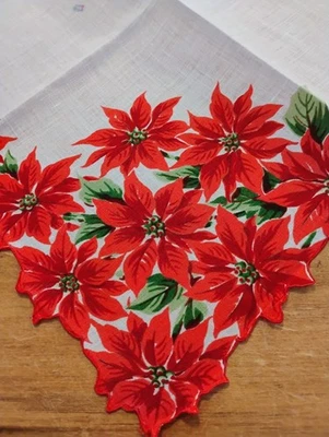 Vgt White Linen 9 Red Poinsettias Hankie Handkerchief - Image 1 of 3