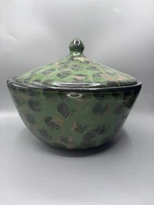 Michoacan Patamban Lidded Casserole Dish Fish Mexico Red Ware Clay Green Black - Picture 1 of 11