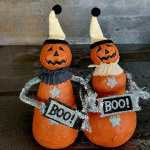 Boo Pumpkin Head Witch Figurines Paper Mache Crepe Folk Art Halloween - Picture 1 of 10