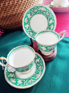 PAIR Crown Staffordshire Ellesmere Green Demitasse Cup & Saucers MINT - Picture 1 of 3