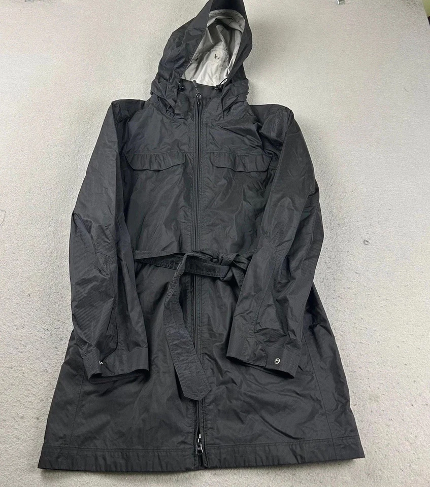 LL Bean Jacket Womens MP Black Nylon Full Zip Hooded Belted Lightweight Raincoat - Image 1 of 4