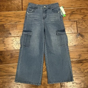 Derek Heart Girls 10/12  Medium Light Blue Jean Pants Wide Leg Cargo Pockets NEW - Picture 1 of 11