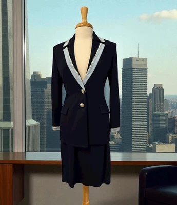 Traje tejido Santana remachado vintage St John by Marie gris azul marino y bebé talla 2 Foto 1 de 4