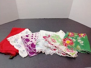 Antique & Vintage Women's Handkerchiefs 5 Cotton 1 Hand Rolled Red Silk Tot 6 - Picture 1 of 10