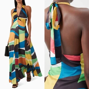 STAUD Jennifer Maxikleid geometrischer Druck Satin Neckholder Welle Colorblock 2 Party - Bild 1 von 13