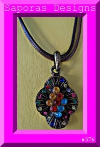 Antique Flower Design Necklace With Colorful Rhinestones & Brown Leather Chain - Picture 1 of 1