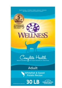 Wellness Complete Health Natural Dry Dog Food, Whitefish & Sweet Potato, 30 lb - Picture 1 of 7