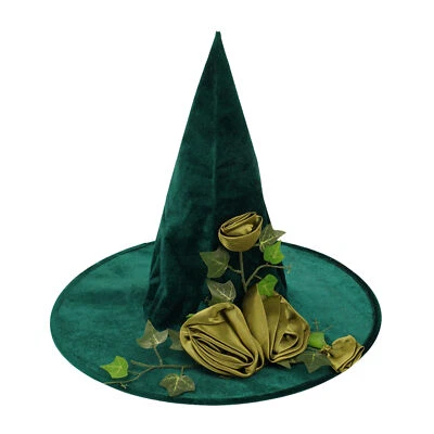Halloween Adult Green Witch Hat With Satin Rose Witches Costume Hat Fancy Dress - Image 1 of 4