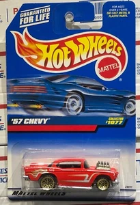 1999 HOT WHEELS '57 CHEVY, RED, COLLECTOR #1077, BEL AIR, GOLD RIMS - Picture 1 of 6