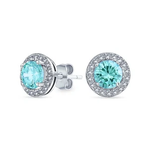 Round Solitaire Halo Multi Color CZ Stud Earrings.925 Sterling Silver 8MM - Picture 1 of 32