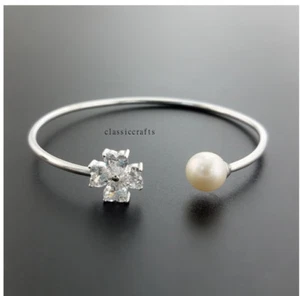 Genuine 8-9mm drop freshwater pearl in solid 925 silver bangle with 4CZ White - Picture 1 of 6