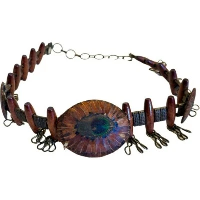 Vintage Bohemian Belt Wooden Leather Metal With Peacock Feathers Adjustable - Image 1 of 4