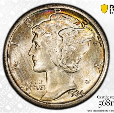1934 Mercury Dime. MS65 FB Full Split Bands. Toned!! - Image 1 of 4