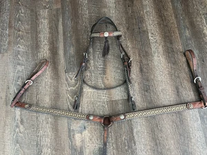 Western Horse Leather Headstall and Breast Collar, Woven Overlay, Tassel - Picture 1 of 16