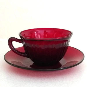 Vintage Anchor Hocking Ribbed Royal Ruby Cup & Saucer Set Perfect - Picture 1 of 8