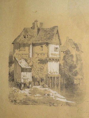 Ecole FRANCAISE XIX DESSIN CRAYON GOUACHE PAYSAGE MAISON PILOTIS ROMANTISME 1840 - Photo 1/4