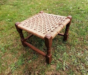 Vintage Wooden Footstool Stool Brown Woven String Top DAMAGED FOR REPAIR Used - Picture 1 of 24