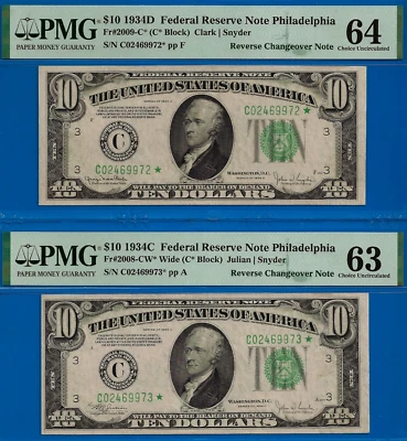 1934D 1934C $10 Federal Reserve Note PMG 64 star rev changeover Fr 2008/2009-C* - Image 1 of 2