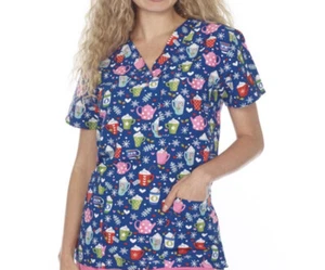 NWT Women's Large Mocha Me Happy Holiday Print I Love Scrubs Scrub Top - Picture 1 of 1