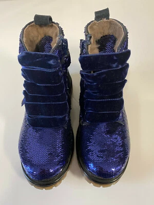 Stivaletti Monnalisa bambina blu navy paillettes vera pelliccia EU 25/US 9 - Immagine 1 di 4
