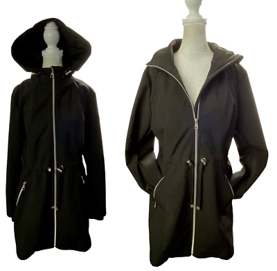 ELIZA J Women Trench Coat Sz S Black Hooded Full Zip Tie Waist Pockets Modern - Image 1 of 4