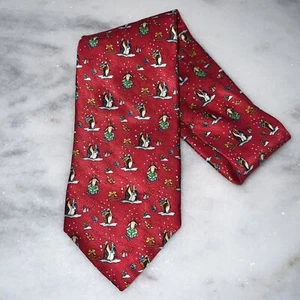 Jos A Bank Men's Necktie Tie-100% Silk-Red Penguins Holiday Winter - Picture 1 of 4