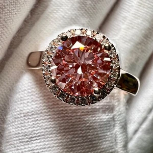 Certified 2CT Round Brilliant Fancy Vivid Pink Lab Grown Diamond Engagement Ring - Picture 1 of 11