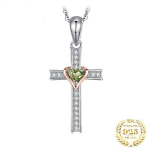 925 Sterling Silver Gemstone Necklaces Cross Lovers Peridot Cute Pendant Necklac