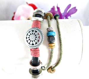 BOHO Wood Beads Silvertone Metal Round STAR Beaded THREE Strands Cording 11" - Picture 1 of 10