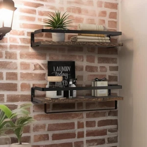 Wisfor 2 Rustic Wall Floating Shelves Bathroom Kitchen Storage Rack w/ Towel Rod - Picture 1 of 12