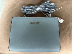 NWT STEVE MADDEN LOGO CROSSBODY PURSE  CHAIN & STRAP SILVER HANGTAG GRAY BLUE - Picture 1 of 11