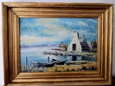 Tableau signé. Paysage De Camargue? Bretagne? Cadre Ancien Bois Doré HST. - Photo 1/4