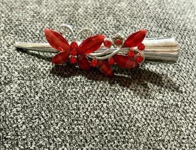 Vintage Red Rhinestone Silver tone Butterfly Hair Clip VTG - Image 1 of 4