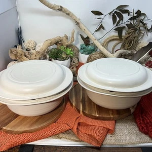 Tupperware Vtg microwave 2 Qt round Vented casserole dish 3/4Qt Lid Beige -2 Set - Picture 1 of 10