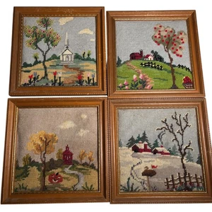 Vintage 4er Set Jahreszeiten Haus gerahmt fertig Nadelspitze Kunst Handarbeit 9,5"x9". - Bild 1 von 6