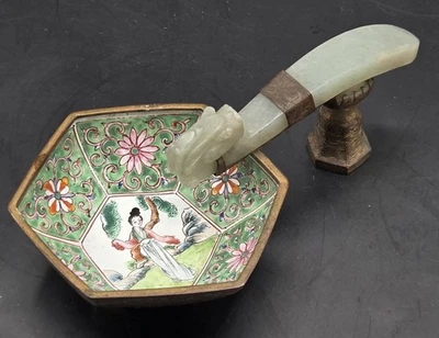 Cuenco de bronce dorado pintado de jade verde claro dinastía Qing china Foto 1 de 4