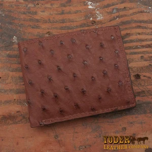 Brown Ostrich Bifold Wallet - Genuine Ostrich Skin Amish Handmade Cash Billfold - Picture 1 of 4