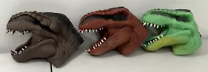 Rubber T-Rex Dinosaur Head Hand Puppets Brown, Red and Green - Picture 1 of 10