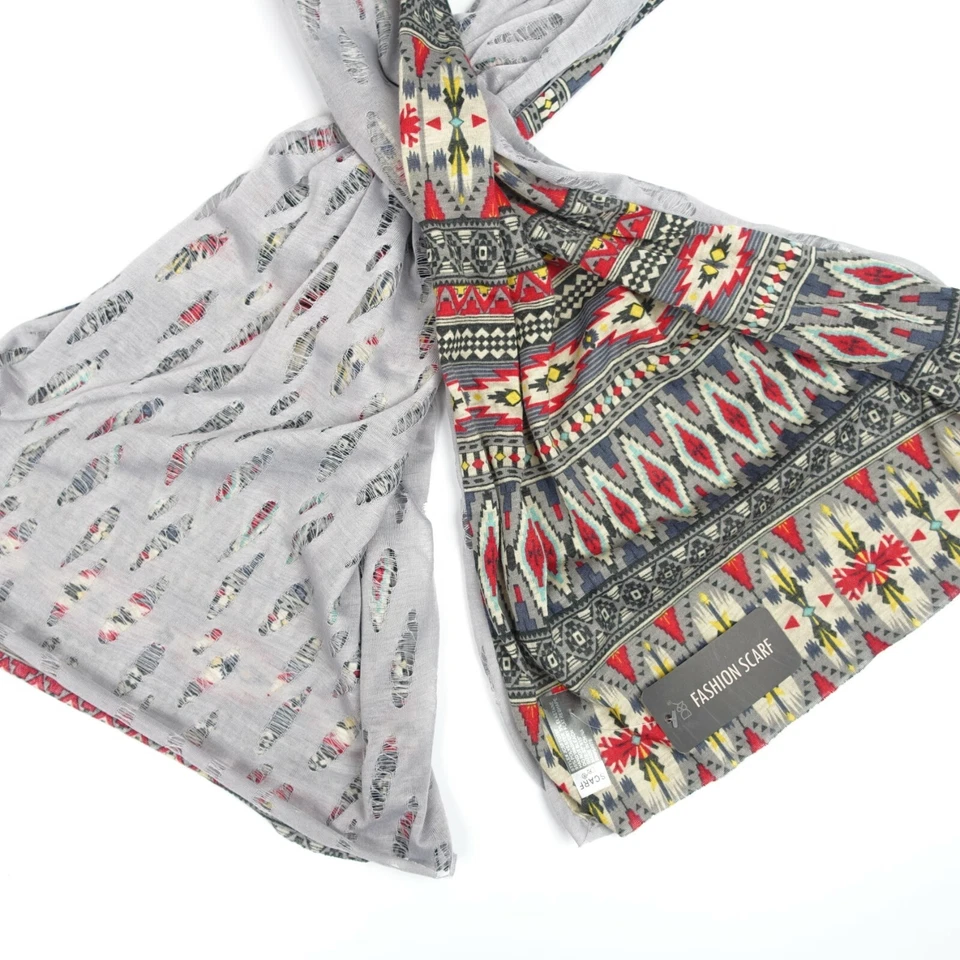 Bufanda de moda reversible con patrón envejecido azteca gris rojo amarillo D&Y 62" x 15" Foto 1 de 4