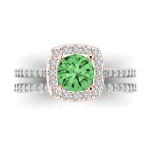 2.25ct Round Cut Halo Light Green Ring Band bridal Set 14k White Rose Gold - Picture 1 of 5