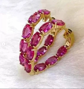 6Ct Oval Cut Created Red Ruby Women Dangle Hoop Earrings 14K Yellow Gold Finish - Picture 1 of 3