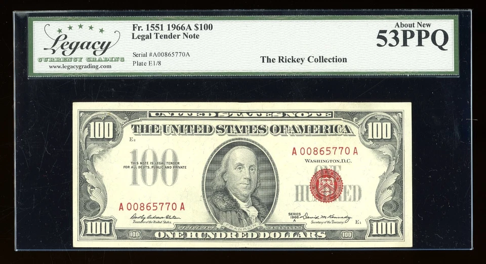 DBR 1966-A $100 Legal Fr. 1551 Legacy 53 PPQ Serial A00865770A - Image 1 of 2
