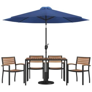 Flash Furniture 7PC Aluminum Patio Dining Set with Umbrella and Base in Navy - Picture 1 of 8