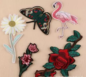 Flamingo Daisy Butterfly EMBROIDERED FABRIC APPLIQUE SEW IT IRON ON PATCH BADGE - Picture 1 of 9