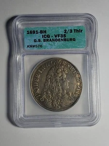 **Rare Silver Large 1691 BH** Brandenburg Coin **2/3 Thir. ICG-VF35 G.S. - Picture 1 of 4