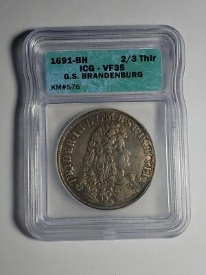 **Rare Silver Large 1691 BH** Brandenburg Coin **2/3 Thir.  ICG-VF35 G.S.  - Image 1 of 4