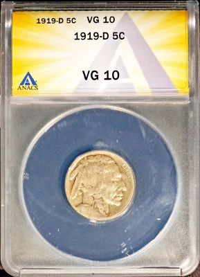 1919-D 5c Indian Head Buffalo Nickel VG-10 ANACS # 7695776 + Bonus - Image 1 of 2