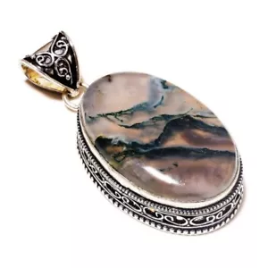 Natural Moss Agate Oval Gemstone 925 Silver Antique Handmade Engraved Pendant - Picture 1 of 3