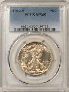 1942-S WALKING LIBERTY HALF DOLLAR - PCGS MS-65, ORIGINAL GOLDEN WHITE GEM! - Picture 1 of 3